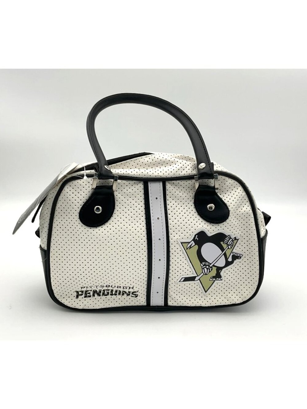 Pittsburgh Penguins NHL Retro White Black Perforated Bowler Bag NWT Zip Closure